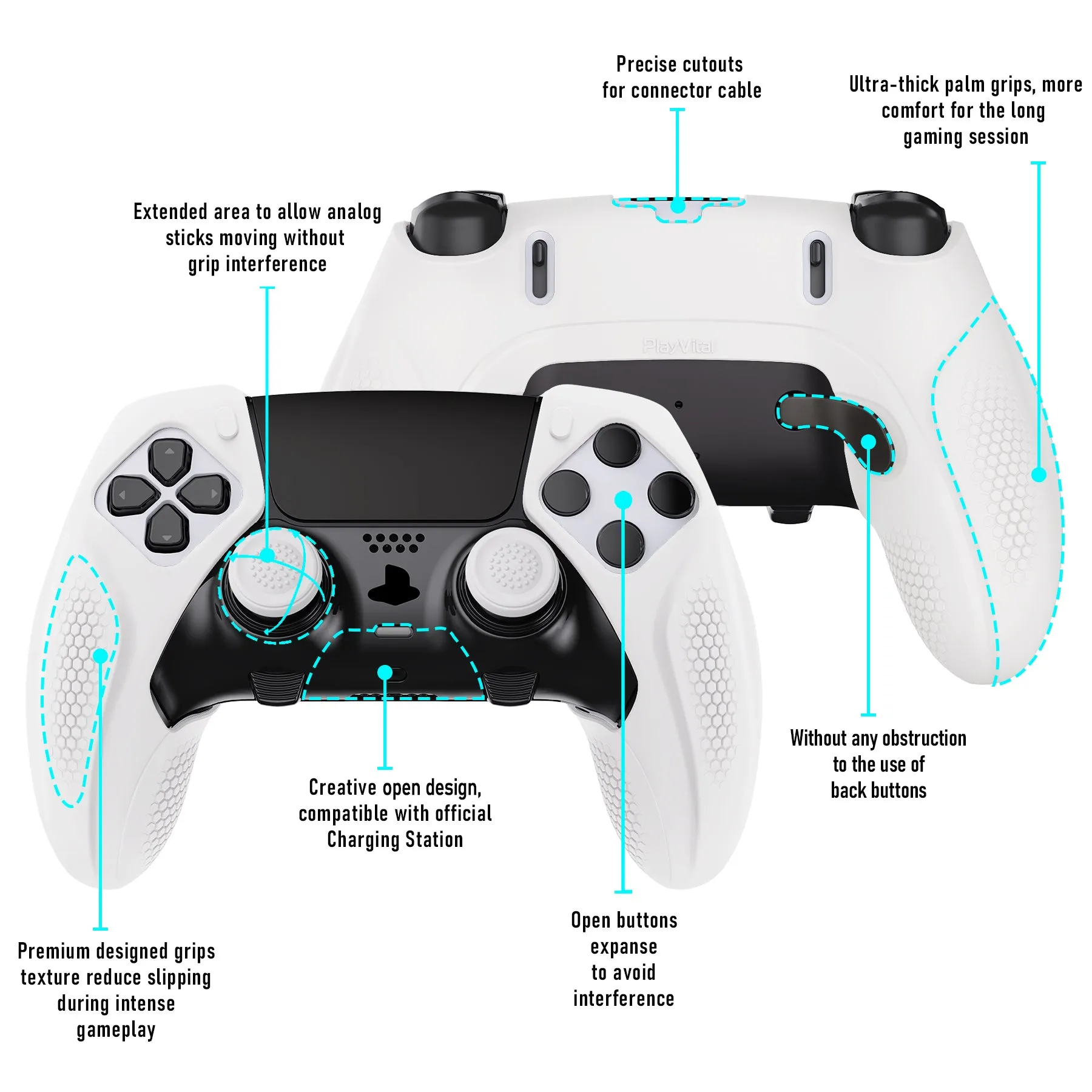 PlayVital Ninja Edition Anti-Slip Half-Covered Silicone Cover Skin for ps5 Edge Controller, Ergonomic Protector Soft Rubber Case for ps5 Edge Wireless Controller with Thumb Grip Caps - White - EYPFP002