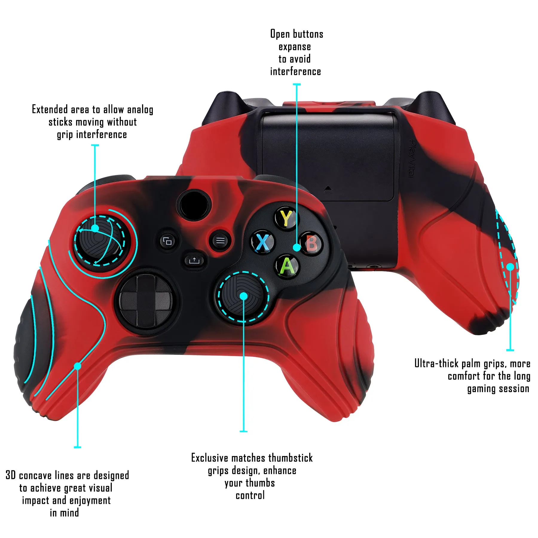 PlayVital Samurai Edition Red & Black Anti-slip Controller Grip Silicone Skin, Ergonomic Soft Rubber Protective Case Cover for Xbox Series S/X Controller with Black Thumb Stick Caps - WAX3016