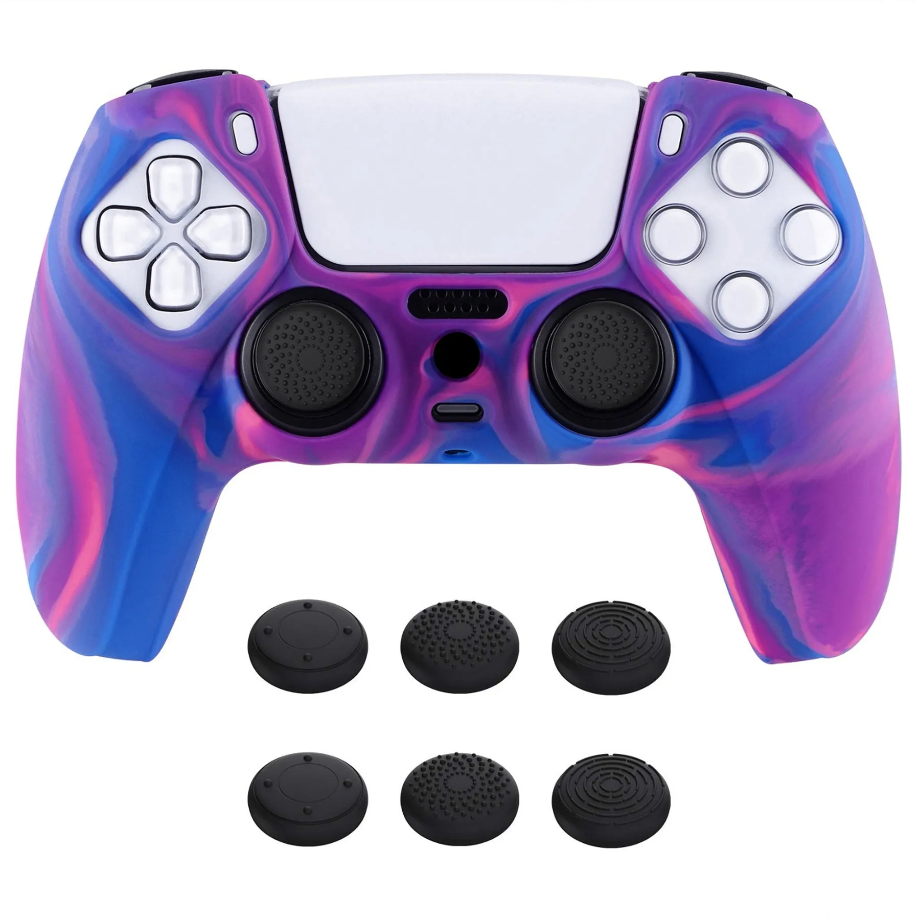 PlayVital Tri-Color Pink & Purple & Blue Camouflage Anti-Slip Silicone Cover Skin for Playstation 5 Controller, Soft Rubber Case for PS5 Controller with Black Thumb Grip Caps - KOPF015