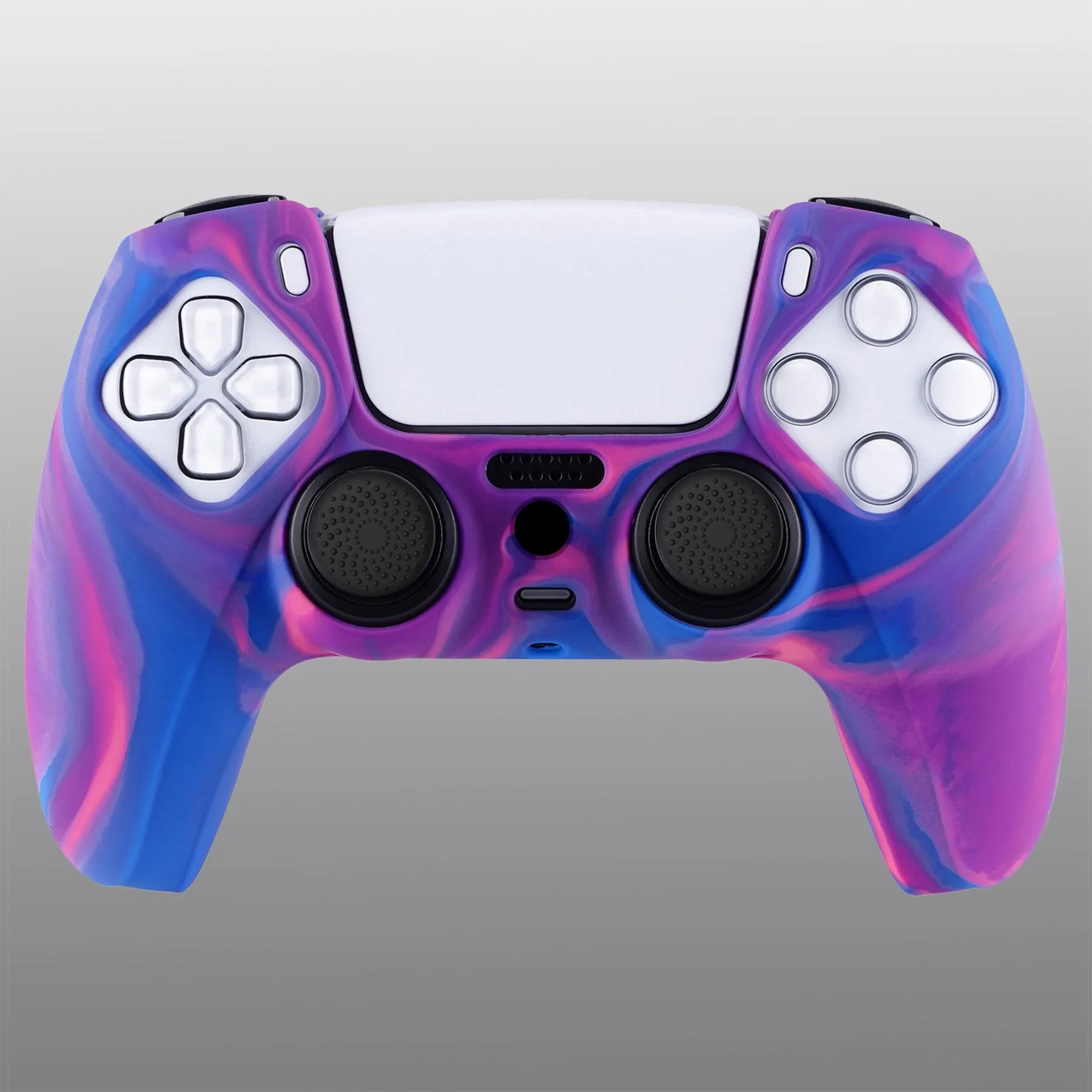 PlayVital Tri-Color Pink & Purple & Blue Camouflage Anti-Slip Silicone Cover Skin for Playstation 5 Controller, Soft Rubber Case for PS5 Controller with Black Thumb Grip Caps - KOPF015