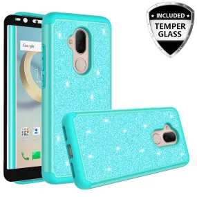 Revvl 2 Plus Case, Alcatel 7 Case, Glitter Bling Heavy Duty Shock Proof Hybrid Case with [HD Screen Protector] Dual Layer Protective Phone Case Cover for Alcatel Revvl 2 Plus W/Temper Glass - Teal