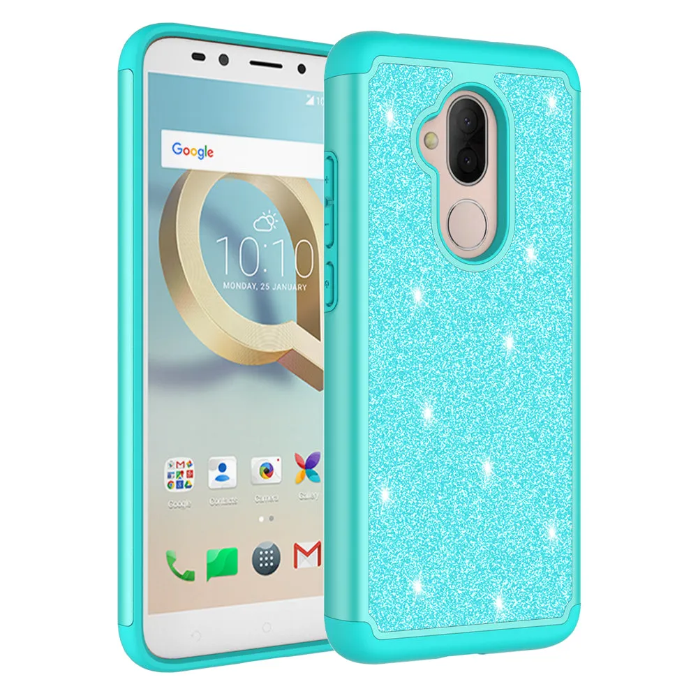 Revvl 2 Plus Case, Alcatel 7 Case, Glitter Bling Heavy Duty Shock Proof Hybrid Case with [HD Screen Protector] Dual Layer Protective Phone Case Cover for Alcatel Revvl 2 Plus W/Temper Glass - Teal