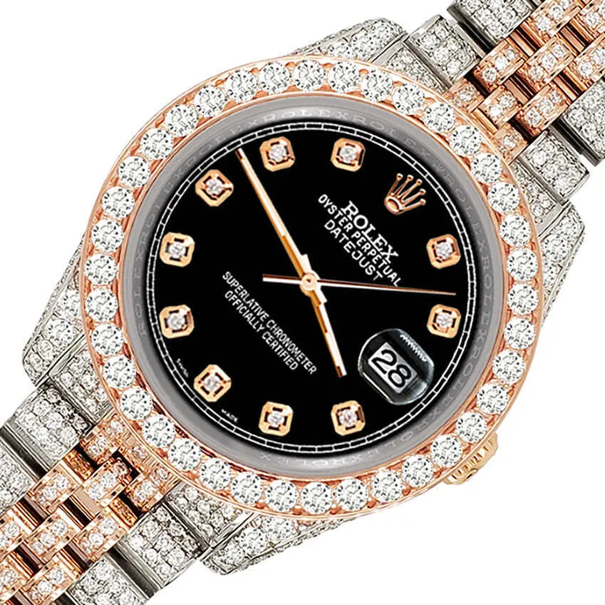 Rolex Datejust 36mm 10.75ct Diamond Black Rose Gold/Steel Watch TFJ-142508328