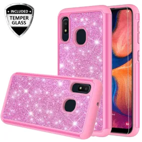 Samsung Galaxy A10e Case, Glitter Bling Heavy Duty Shock Proof Hybrid Case with [HD Screen Protector] Dual Layer Protective Phone Case Cover for Samsung Galaxy A10e - Hot Pink