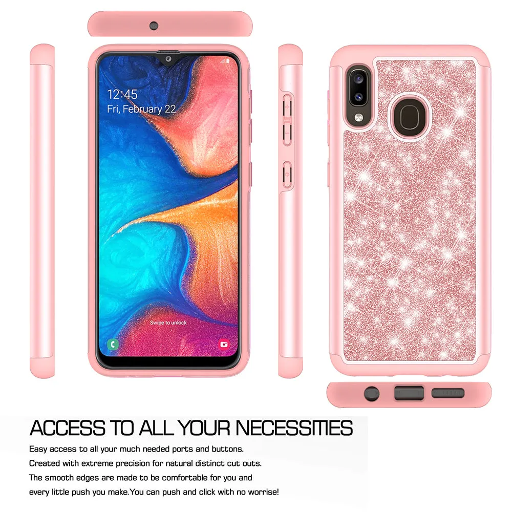 Samsung Galaxy A20 Case, Glitter Bling Heavy Duty Shock Proof Hybrid Case with [HD Screen Protector] Dual Layer Protective Phone Case Cover for Samsung Galaxy A20 - Rose Gold