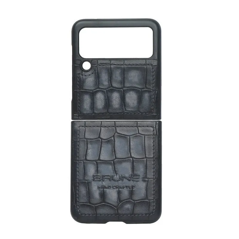 Samsung Galaxy Flip Series Grey Deep Croco Textured Leather Mobile Cover by Brune & Bareskin