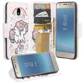 Samsung Galaxy J3 2018/Express Prime 3/Amp Prime 3/J3 Achieve/J3 Star/J3 Top/J3 Achieve/J3 Orbit/J3 V 3rd Gen/J3 Aura/Sol 3 Case, Wrist Strap Leather Wallet Cover [Kickstand] with Credit Card Slots - Winged Unicorn