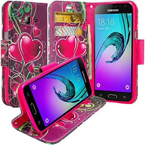 Samsung Galaxy J3 Case, J3V Case | Galaxy Express Prime Case | Galaxy Sky Case | Amp Prime Case | Galaxy Sol Wrist Strap Pu Leather Magnetic Fold Wallet Case with ID & Card Slots - Heart Sensation