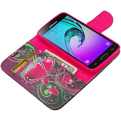 Samsung Galaxy J3 Case, J3V Case | Galaxy Express Prime Case | Galaxy Sky Case | Amp Prime Case | Galaxy Sol Wrist Strap Pu Leather Magnetic Fold Wallet Case with ID & Card Slots - Heart Sensation