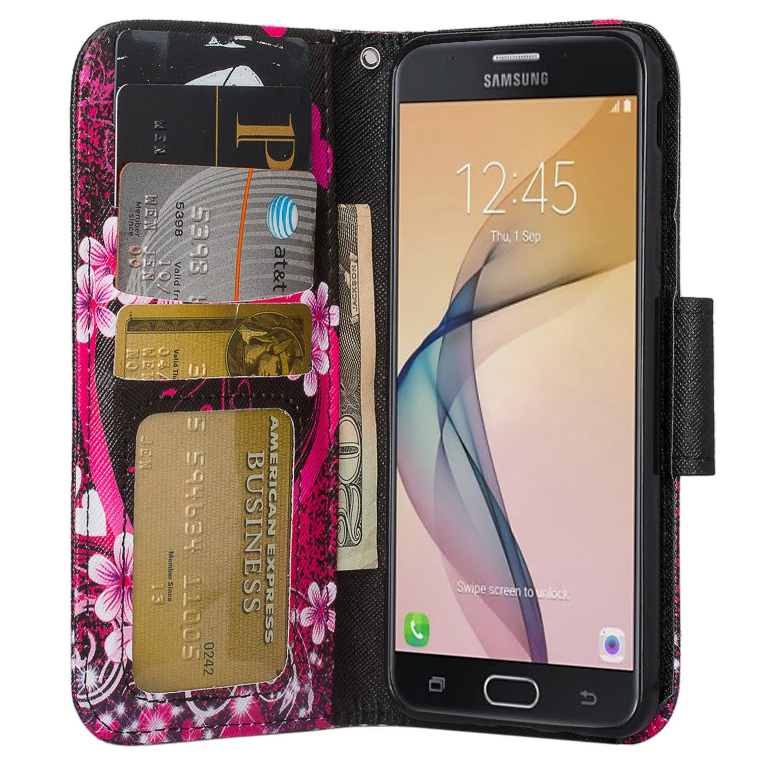 Samsung Galaxy  J5 Prime Case, Wrist Strap Magnetic Fold[Kickstand] Pu Leather Wallet Case with ID & Credit Card Slots for Samsung Galaxy J5 Prime - Heart Butterflies