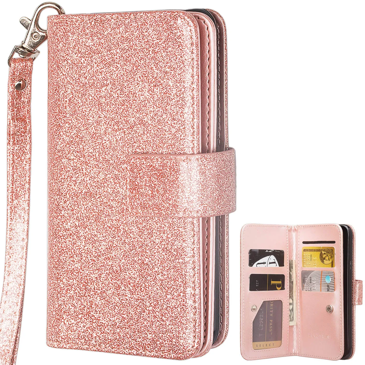 Samsung Galaxy S10 Plus Case, Samsung Galaxy S10  Case, Glitter Faux Leather Flip Credit Card Holder Wrist Strap Shockproof Protective Wallet Case Clutch for Samsung Galaxy S10/Galaxy S10  - Rose Gold