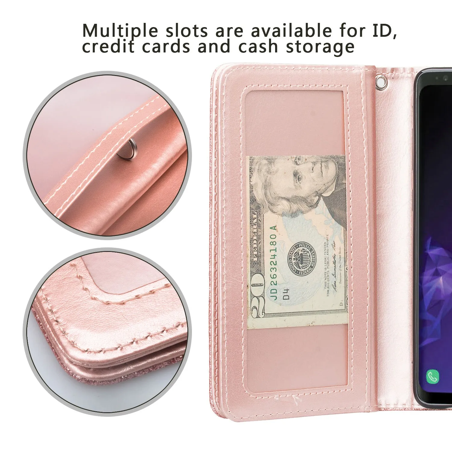 Samsung Galaxy S10 Plus Case, Samsung Galaxy S10  Case, Glitter Faux Leather Flip Credit Card Holder Wrist Strap Shockproof Protective Wallet Case Clutch for Samsung Galaxy S10/Galaxy S10  - Rose Gold