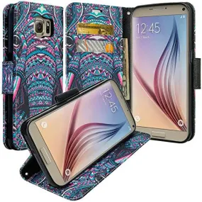 Samsung Galaxy S6 Edge Plus Wallet Case, Wrist Strap Magnetic Fold Folio[Kickstand] Pu Leather with ID & Card Slots for Galaxy S6 Edge Plus - Tribal Elephant