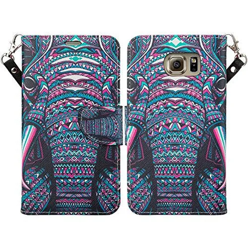 Samsung Galaxy S6 Edge Plus Wallet Case, Wrist Strap Magnetic Fold Folio[Kickstand] Pu Leather with ID & Card Slots for Galaxy S6 Edge Plus - Tribal Elephant