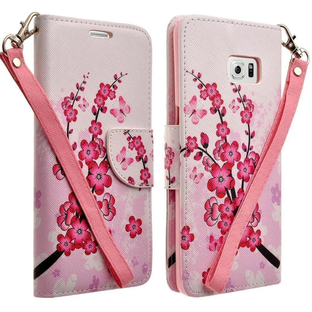 Samsung Galaxy S6 Wallet Case, Wrist Strap Magnetic Fold Folio[Kickstand] Pu Leather with ID & Card Slots for Galaxy S6 - Cherry Blossom