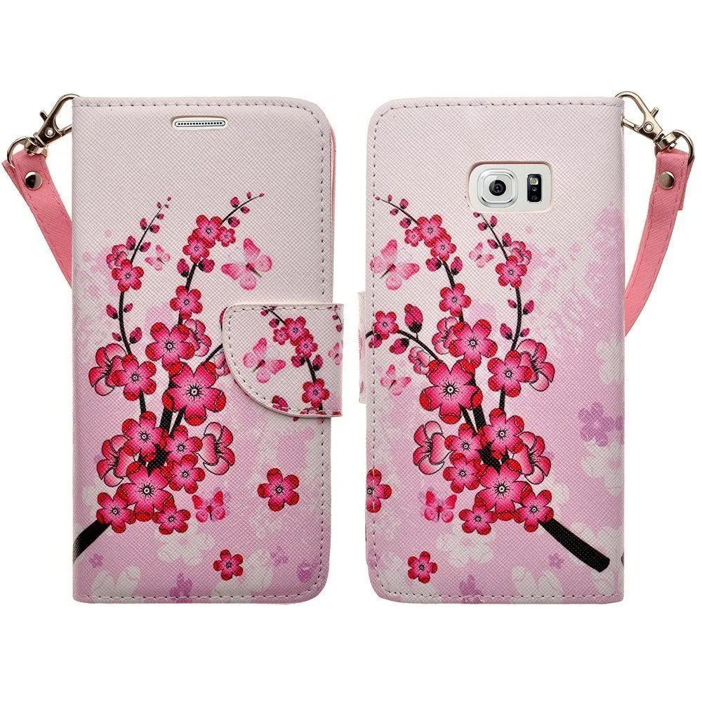 Samsung Galaxy S6 Wallet Case, Wrist Strap Magnetic Fold Folio[Kickstand] Pu Leather with ID & Card Slots for Galaxy S6 - Cherry Blossom