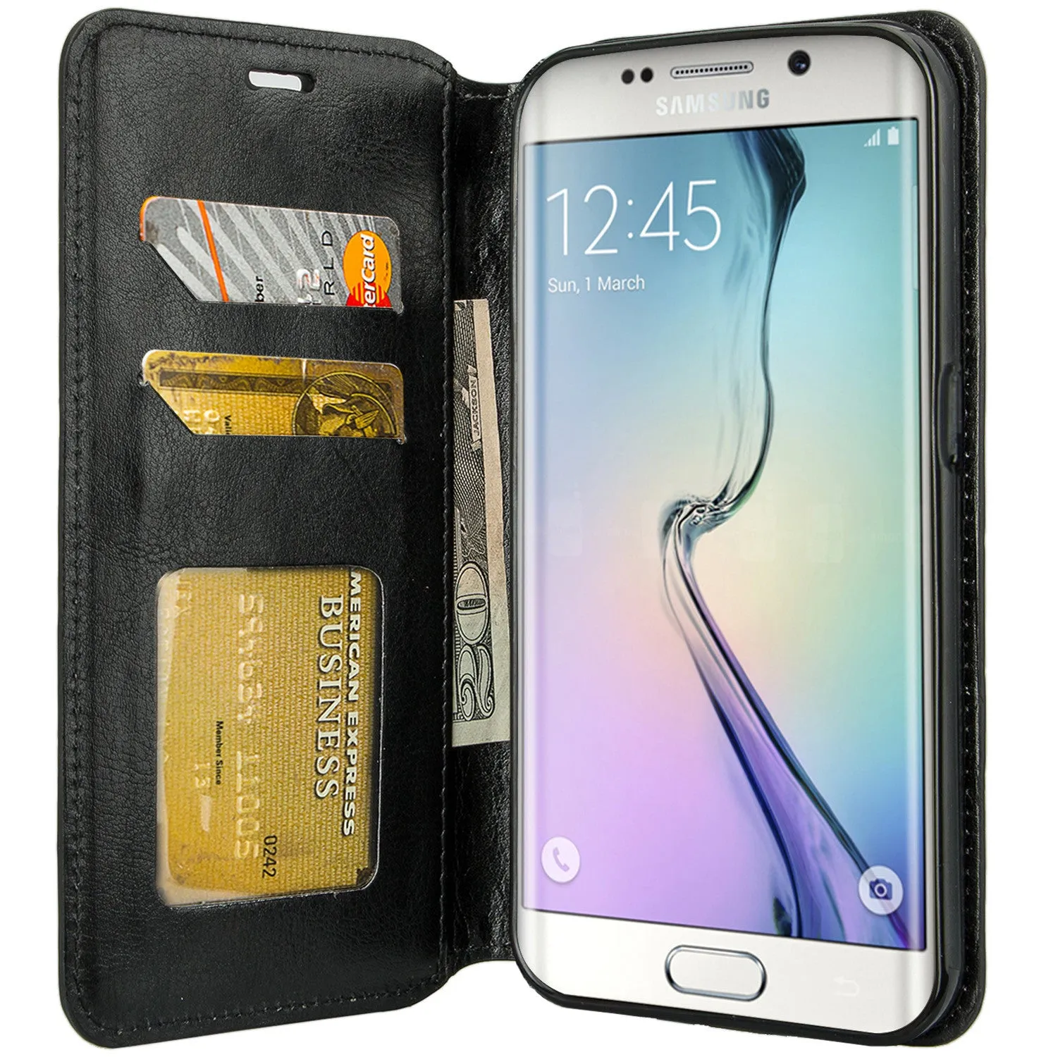 Samsung Galaxy S7 Edge Wallet Case, Pu Leather Magnetic Flip Fold[Kickstand] with ID & Card Slots for Galaxy S7 Edge -Solid Black