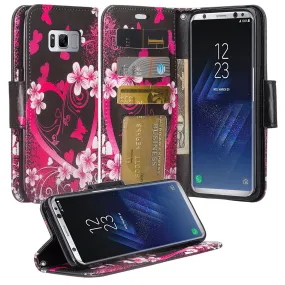 Samsung Galaxy S8 Case, SM-G950 Wallet Case, Wrist Strap Pu Leather Wallet Case [Kickstand] with ID & Credit Card Slots - Heart Butterflies