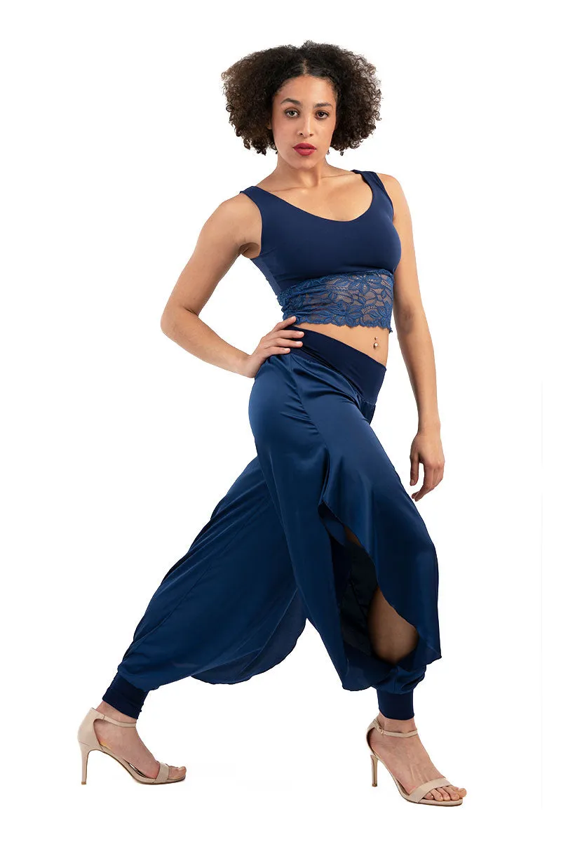 Satin Pants With Slits And Ankle Cuffs (M) (Dark Blue,Electric Blue)