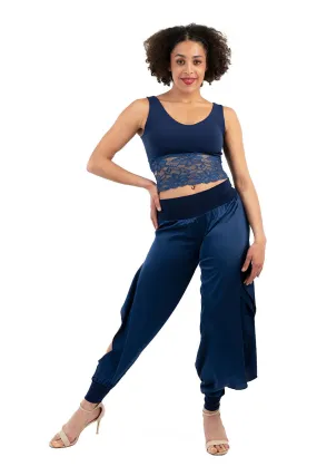 Satin Pants With Slits And Ankle Cuffs (M) (Dark Blue,Electric Blue)