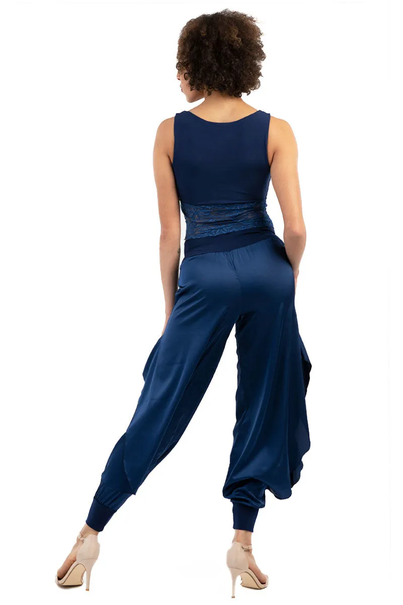 Satin Pants With Slits And Ankle Cuffs (M) (Dark Blue,Electric Blue)