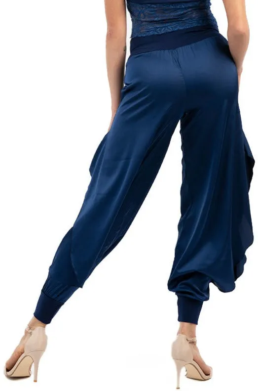 Satin Pants With Slits And Ankle Cuffs (M) (Dark Blue,Electric Blue)