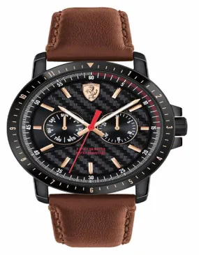 Scuderia Ferrari Turbo Watch - Black Metal - Brown Leather Strap - Rotaing Bezel