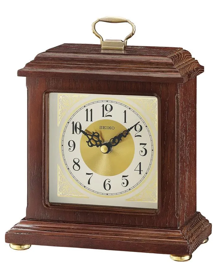 Seiko Desk or Table Clock - Dark Brown Wooden Case - Gold-Tone Dial