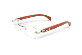 Silver & Brown Wood Rimless Eyeglasses, Rectangular Clear Lenses