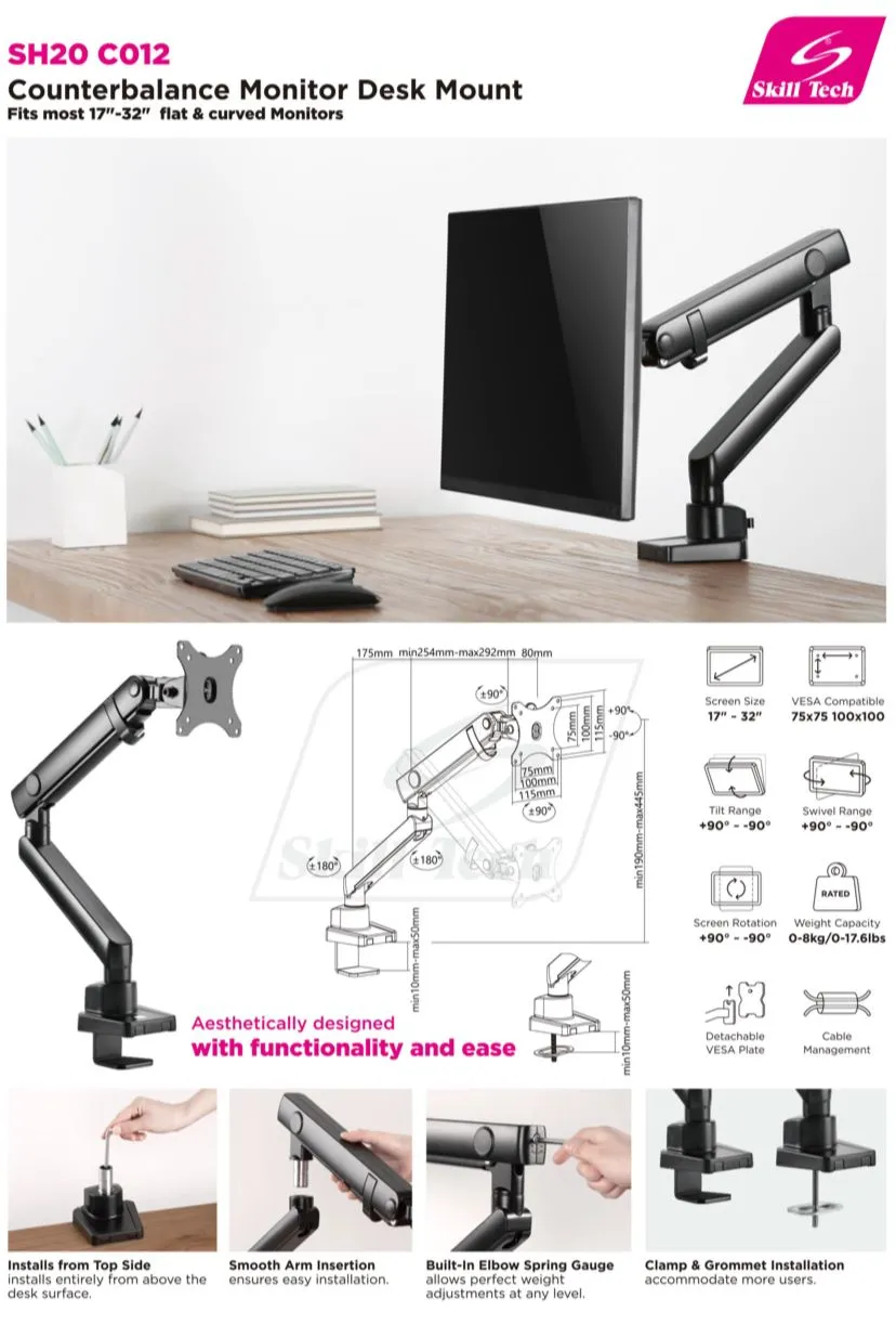 Single Monitor Counter Balance Steel Monitor Arm - SH20 C012 (Fits Most 17" ~ 32")