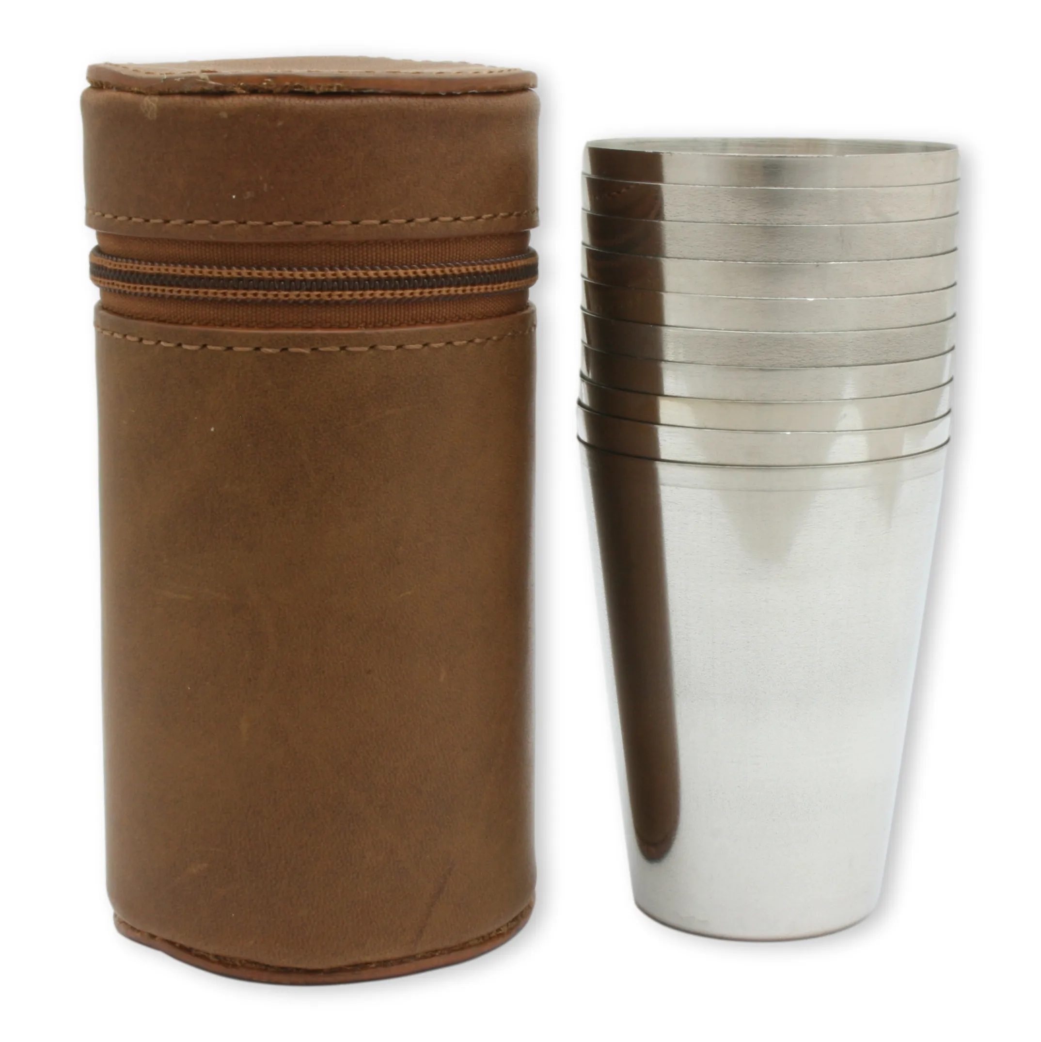 Stag Head Designed 1-10 Numbered Cups In Brown Leather Zip Case