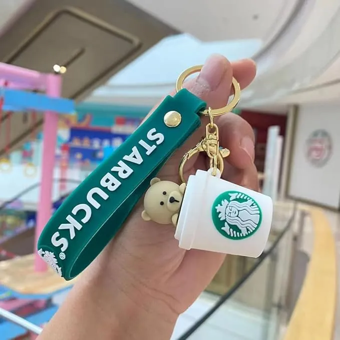 Star Bucks Bear in White Mug | Silicone Lanyard | Keychain