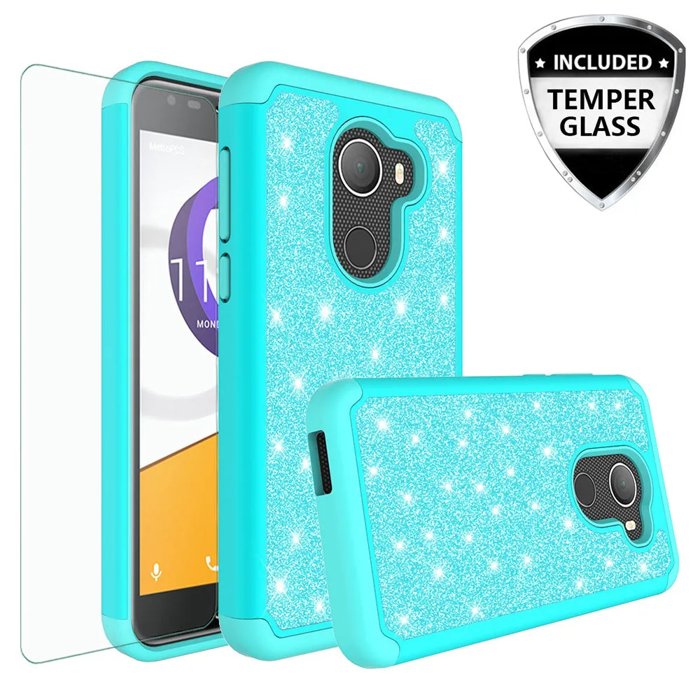 Tmobile REVVL, Alcatel A30 Plus, A30 Fierce, Alcatel Walters Case, Glitter Bling Case Cover w/ [HD Screen Protector] Phone Case W/Temper Glass - Teal