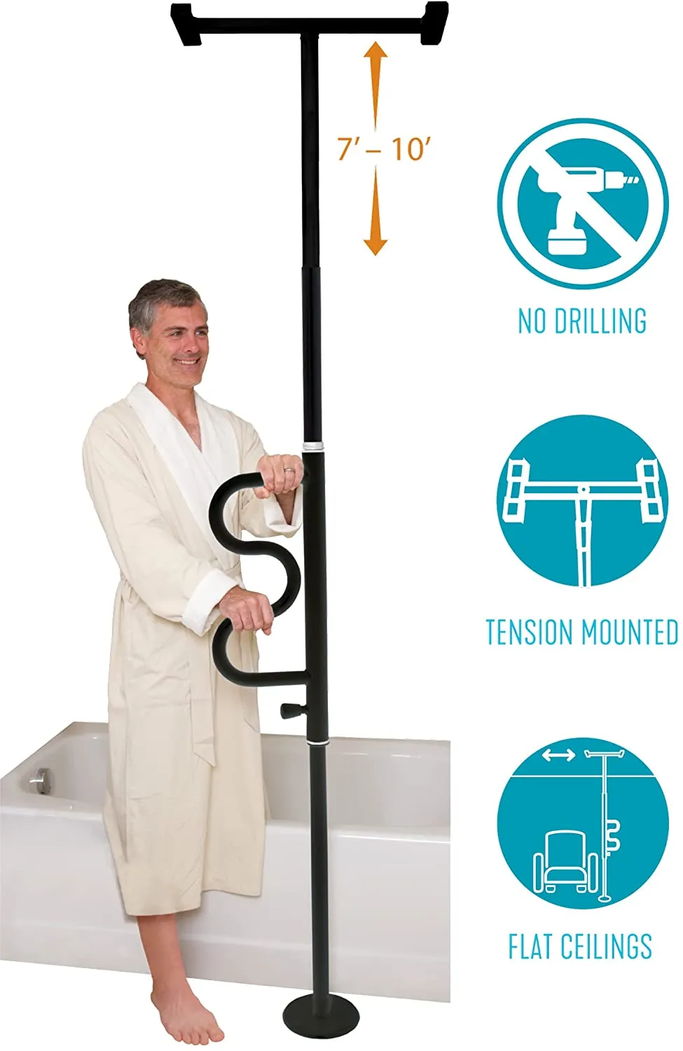 Transfer Pole Stander Security Pole Curve Grab Bar Mounted Floor to Ceiling Black