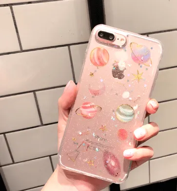 Transparent Silicone Planets Glitter Iphone Case