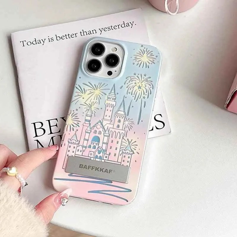 TSP58 Cute Phone Cases For iPhone 15 Pro Max, 14, 13, and 12 Pro Max - Fireworks Castle Design - With Holder Stand