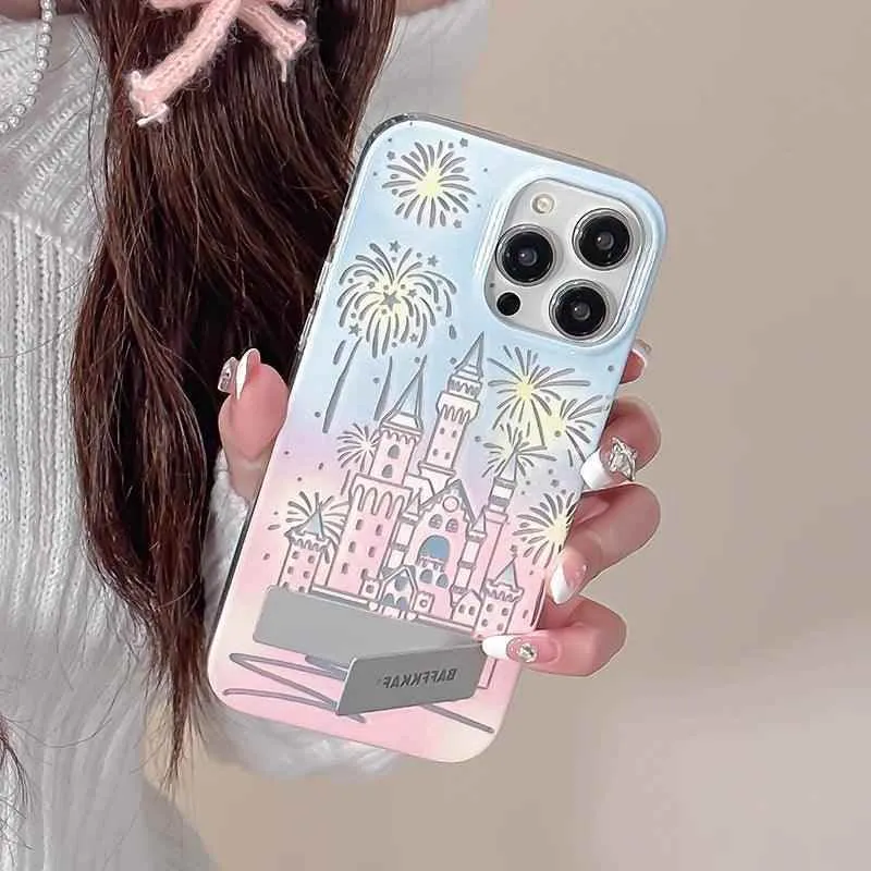 TSP58 Cute Phone Cases For iPhone 15 Pro Max, 14, 13, and 12 Pro Max - Fireworks Castle Design - With Holder Stand