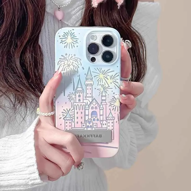 TSP58 Cute Phone Cases For iPhone 15 Pro Max, 14, 13, and 12 Pro Max - Fireworks Castle Design - With Holder Stand