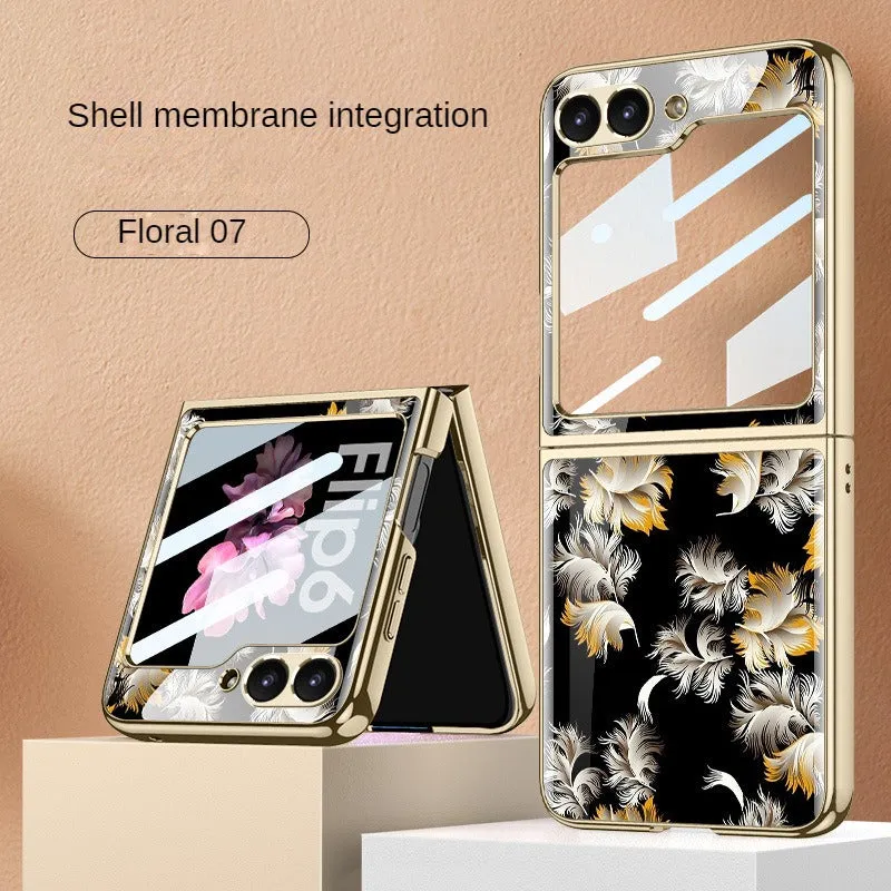 Ultra-Thin Electroplated Floral PC Phone Case With Tempered Glass For Samsung Galaxy Z Flip 6