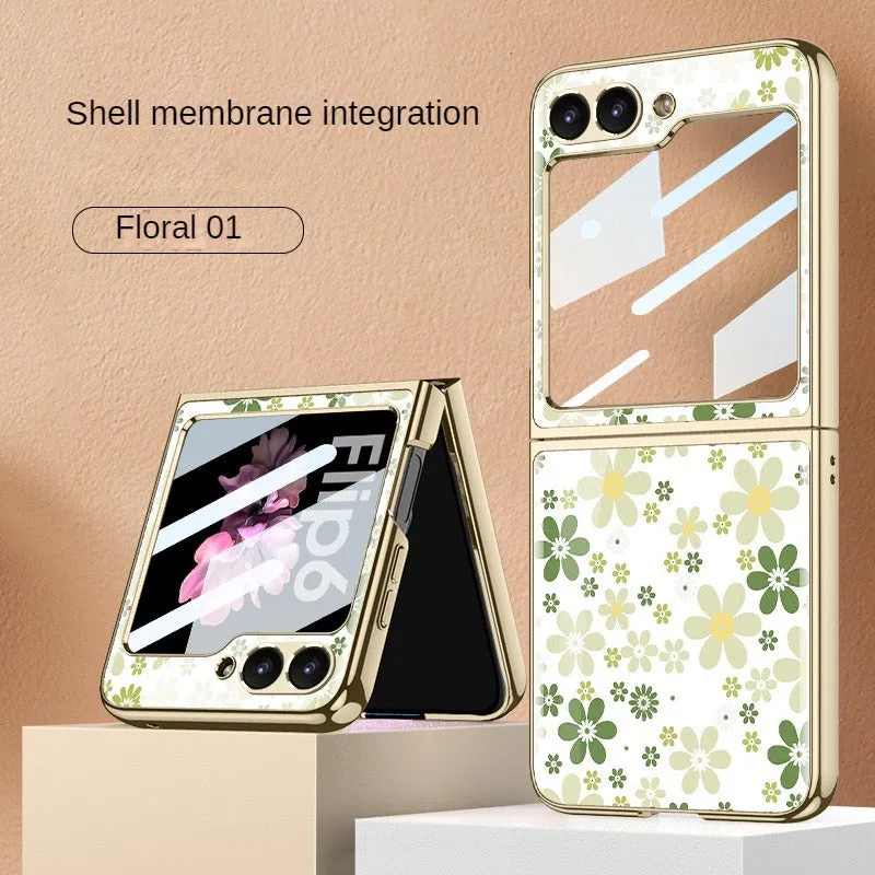 Ultra-Thin Electroplated Floral PC Phone Case With Tempered Glass For Samsung Galaxy Z Flip 6