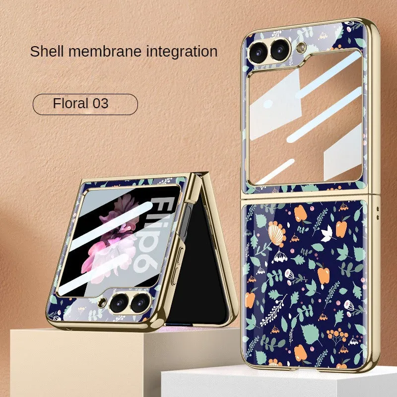 Ultra-Thin Electroplated Floral PC Phone Case With Tempered Glass For Samsung Galaxy Z Flip 6