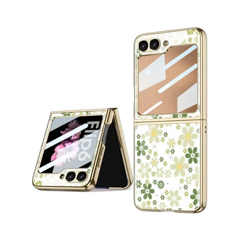 Ultra-Thin Electroplated Floral PC Phone Case With Tempered Glass For Samsung Galaxy Z Flip 6