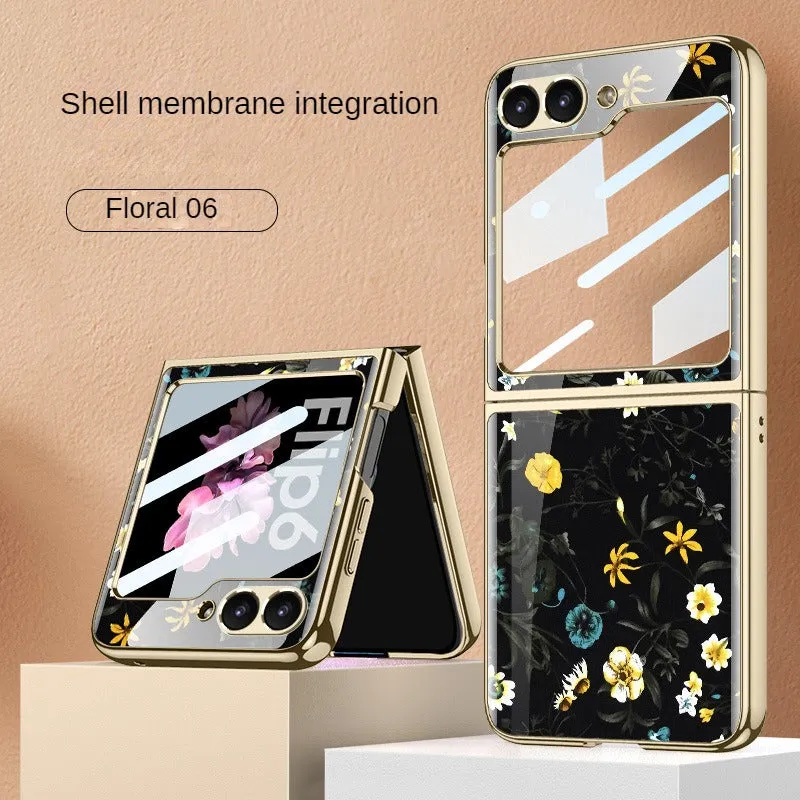 Ultra-Thin Electroplated Floral PC Phone Case With Tempered Glass For Samsung Galaxy Z Flip 6