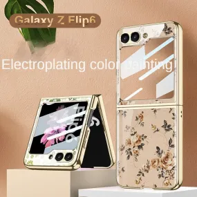 Ultra-Thin Electroplated Floral PC Phone Case With Tempered Glass For Samsung Galaxy Z Flip 6