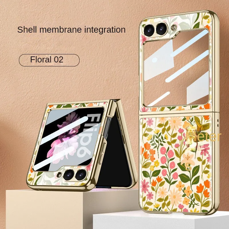 Ultra-Thin Electroplated Floral PC Phone Case With Tempered Glass For Samsung Galaxy Z Flip 6