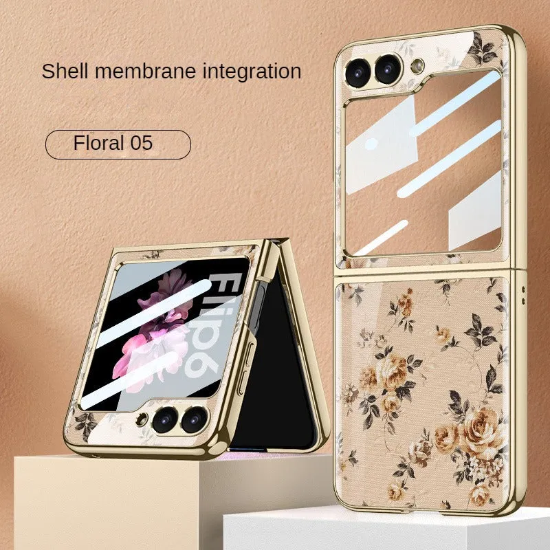 Ultra-Thin Electroplated Floral PC Phone Case With Tempered Glass For Samsung Galaxy Z Flip 6