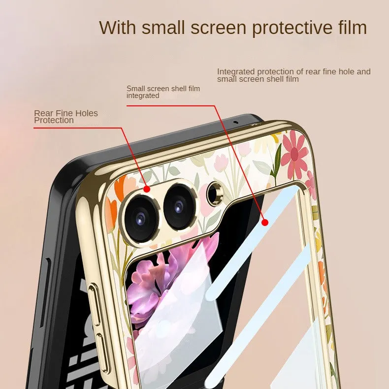 Ultra-Thin Electroplated Floral PC Phone Case With Tempered Glass For Samsung Galaxy Z Flip 6