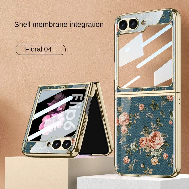 Ultra-Thin Electroplated Floral PC Phone Case With Tempered Glass For Samsung Galaxy Z Flip 6