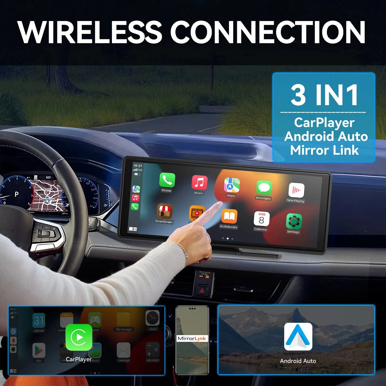 Universal Portable Carplay for Car Screen, Wireless Carplay Screen Wireless Car Stereo with Carplay Android Auto, Car Touchscree