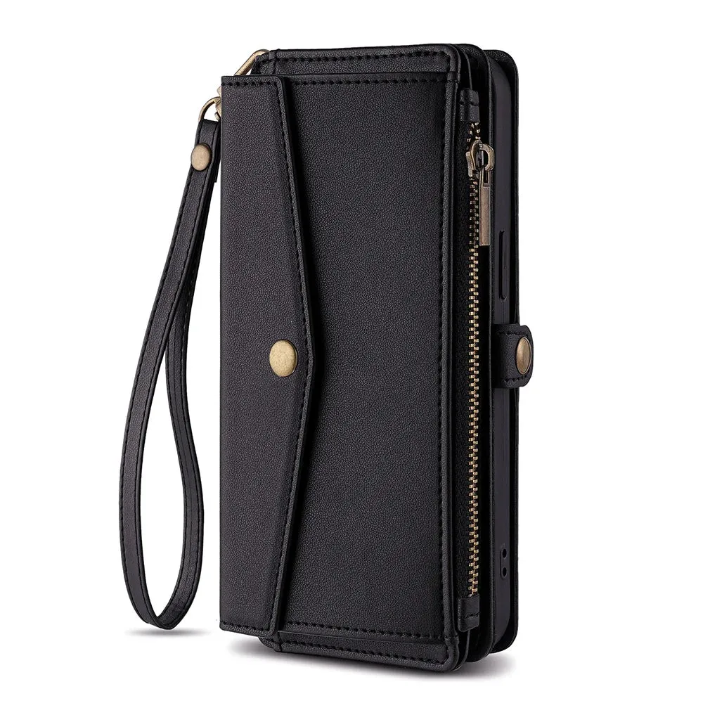 Wallet Flip Stand Leather Case for iPhone 6-15 Pro Max with Crossbody Strap